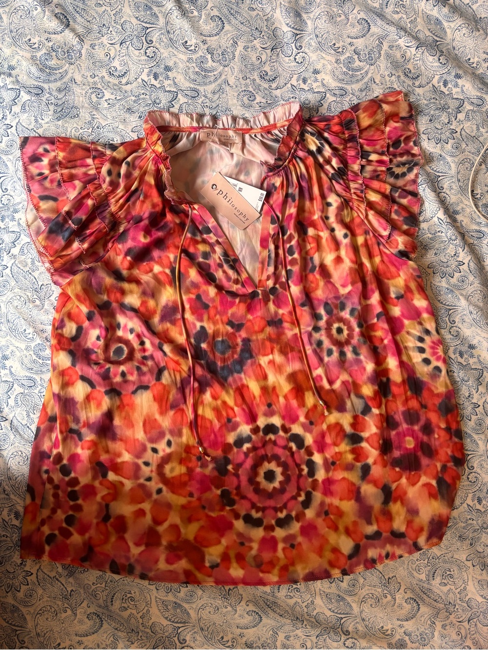 Philosophy Vibrant Pink Orange Floral Ruffle Sleeve Blouse